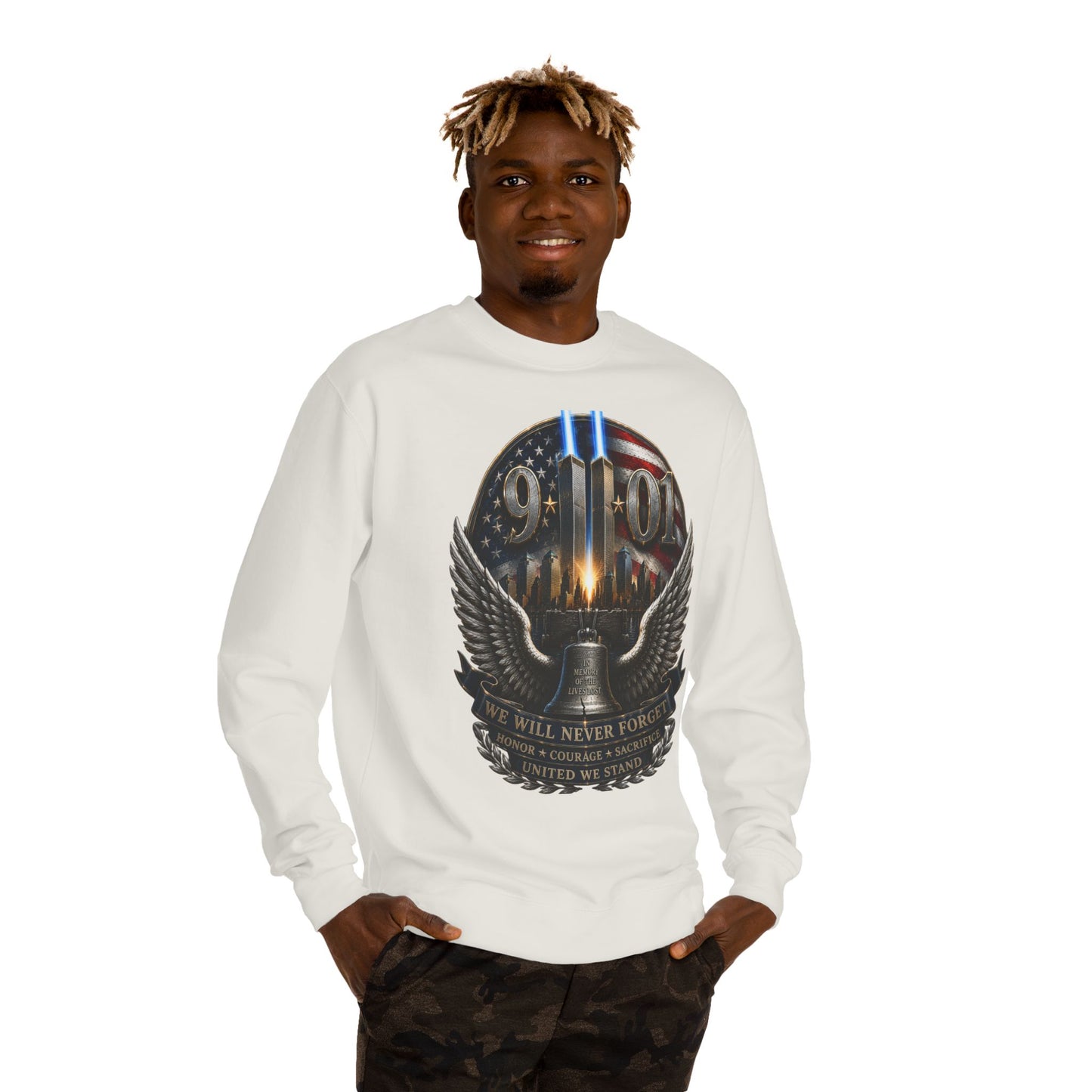 9/11 Memorial Sweatshirt — We Will Never Forget Tribute Crewneck