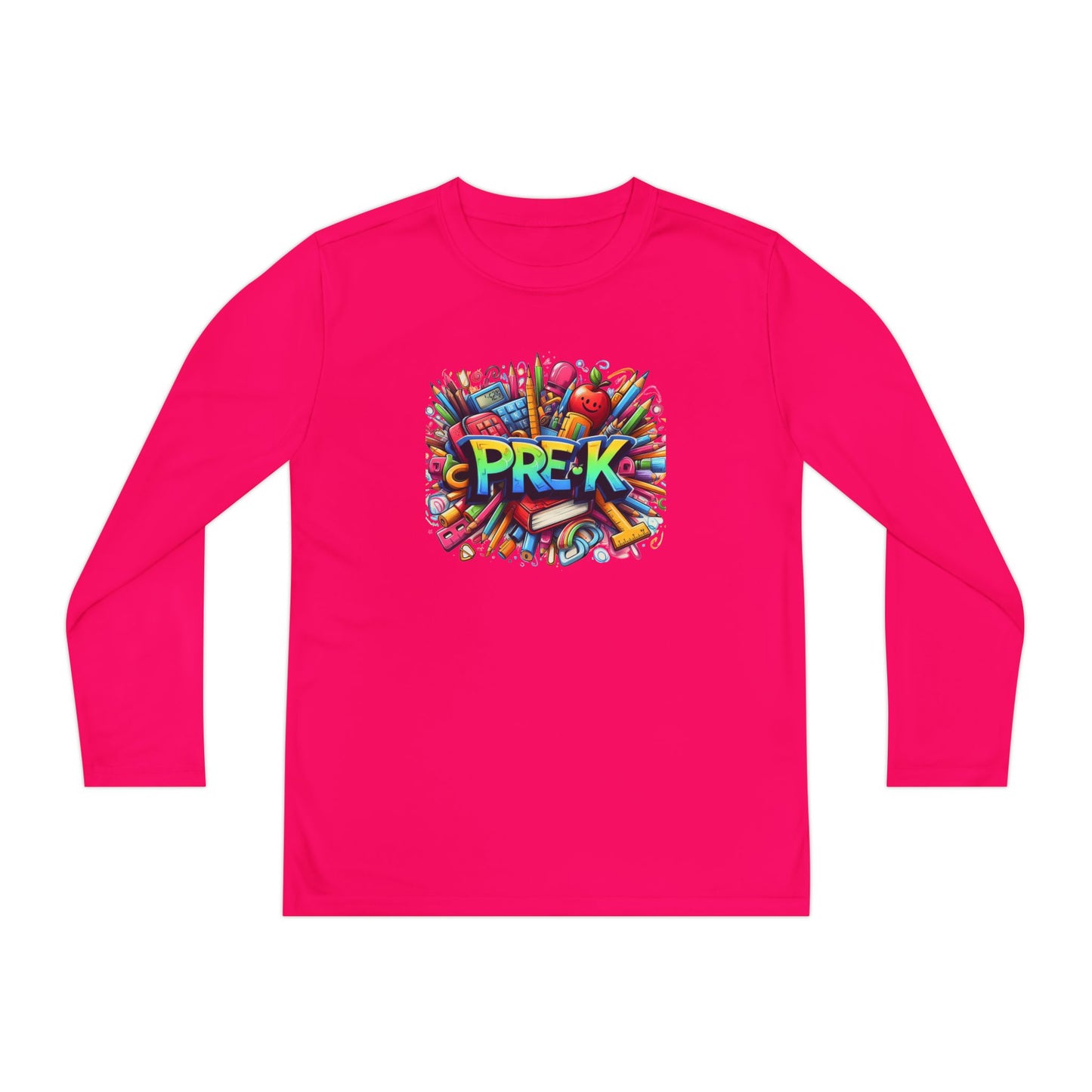 PRE-K Youth Long Sleeve Tee — Colorful School Supplies Design