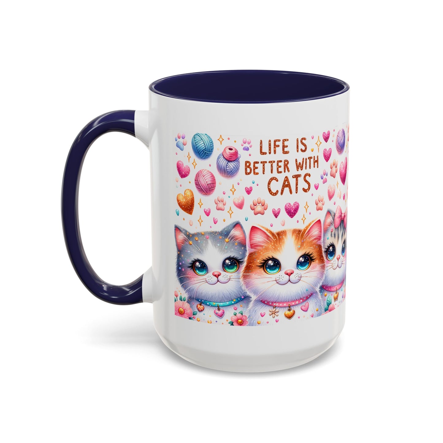 Cat Lover Accent Coffee Mug — "Life Is Better With Cats" Cute Kittens Design (11/15oz)