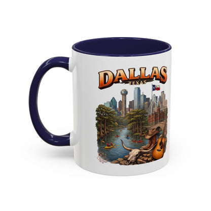 Dallas Skyline Accent Coffee Mug — Texas Souvenir Mug with Guitar & Cityscape