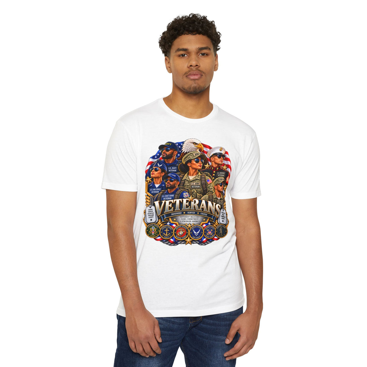 Veterans Tribute T-Shirt – Patriotic Military Emblems & Eagle Design
