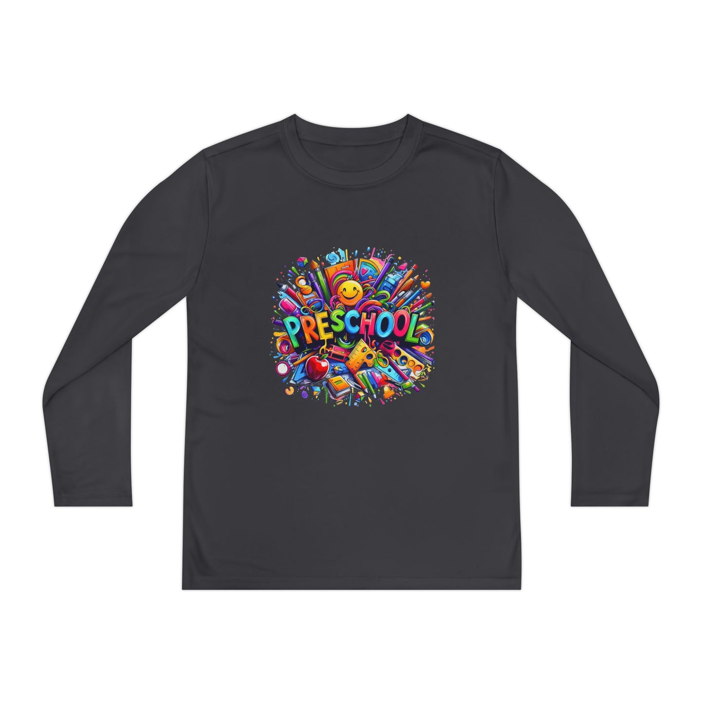 Youth Preschool Long Sleeve Tee - Colorful School Supplies Design
