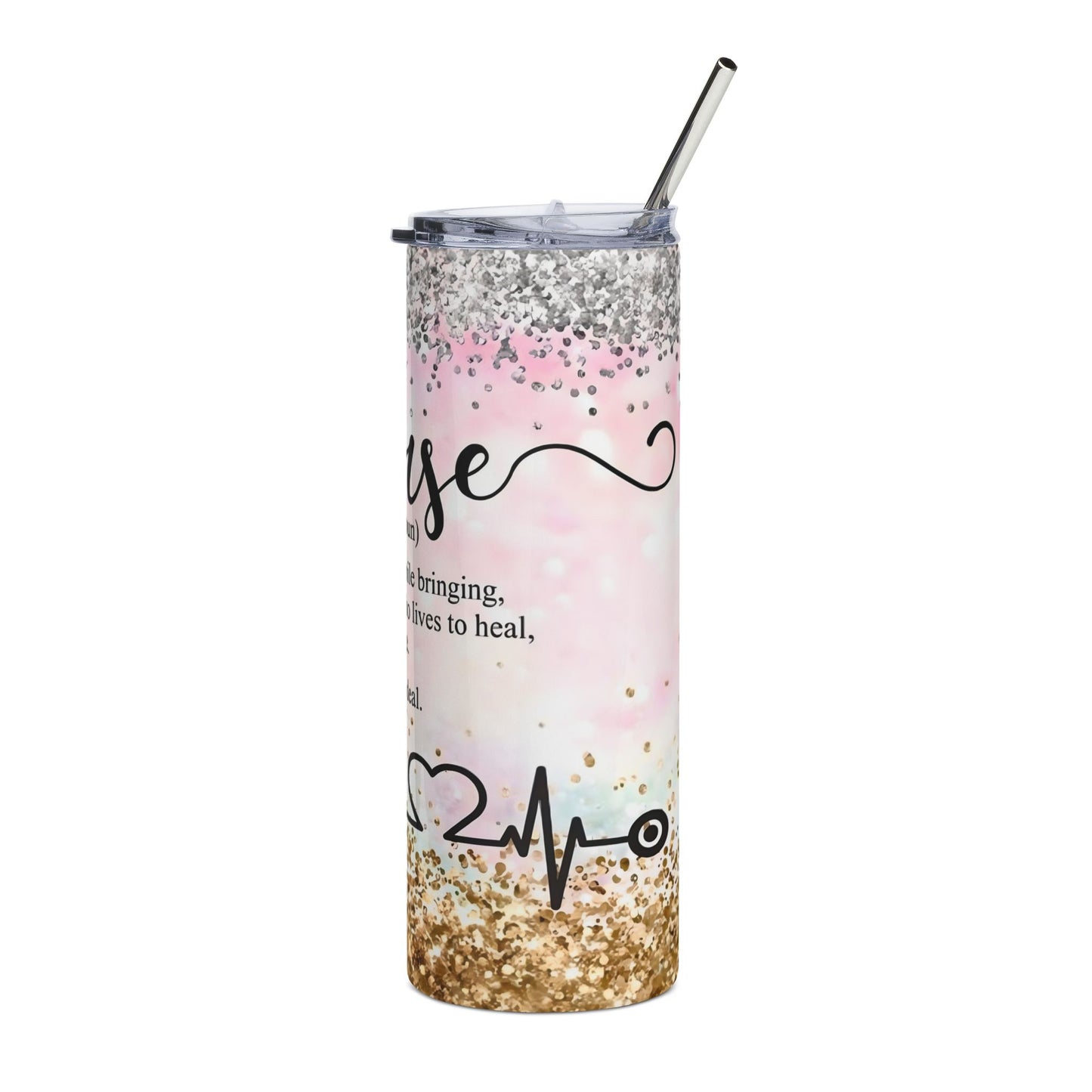 Nurse Definition 20oz Stainless Steel Tumbler — Glitter Heartbeat Travel Cup