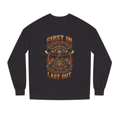 Firefighter Crewneck Sweatshirt — "First In, Last Out" Vintage Fire Department Design