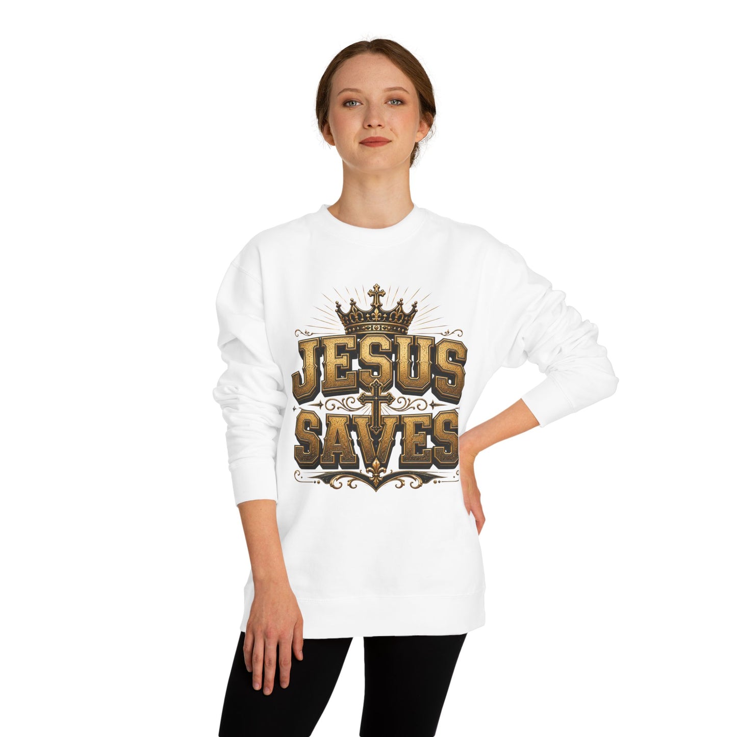 Jesus Saves Sweatshirt — Christian Faith Crewneck with Crown & Cross Design