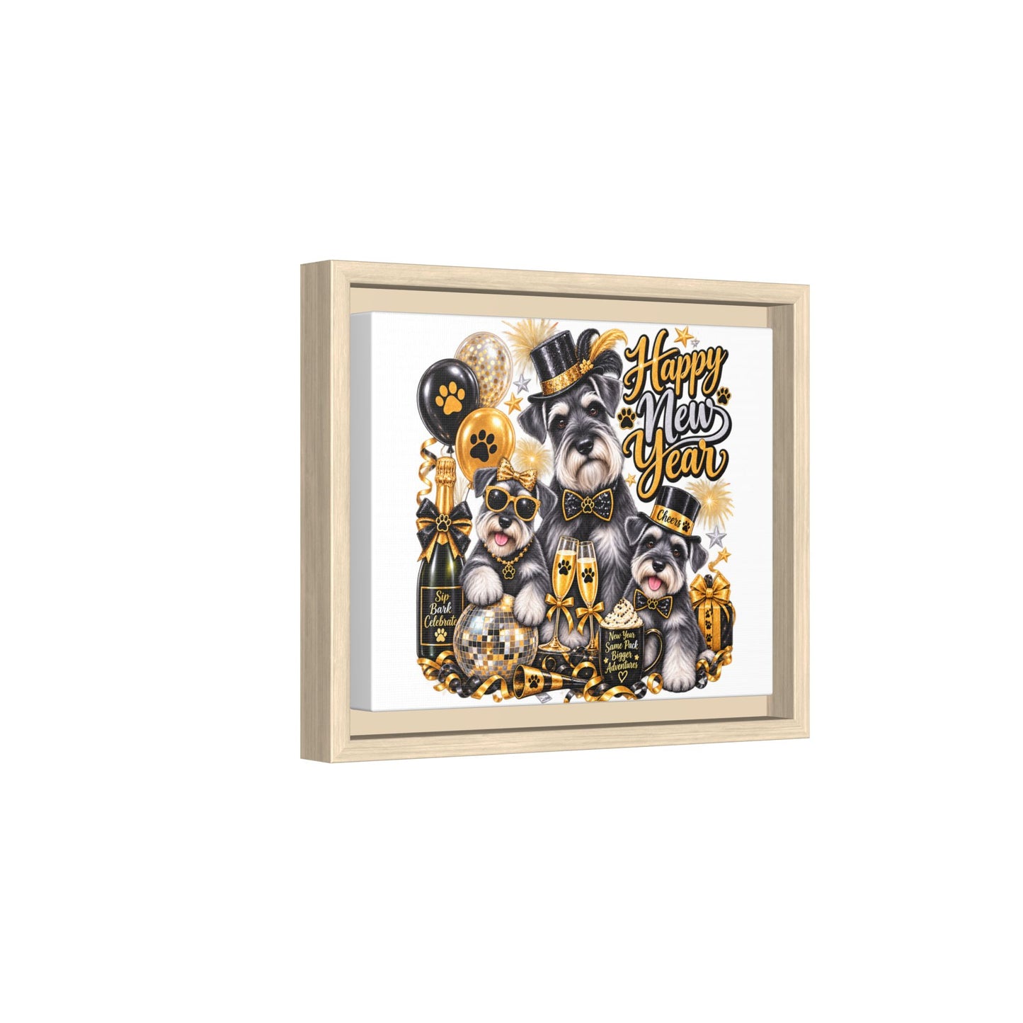 Happy New Year Schnauzer Holiday Canvas Print — Framed Matte Wall Art