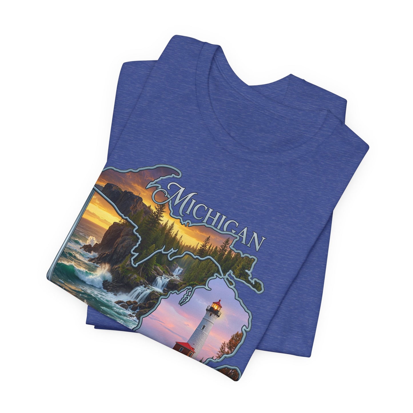 Michigan Scenic Map T-Shirt — Great Lakes Lighthouse Sunset Tee