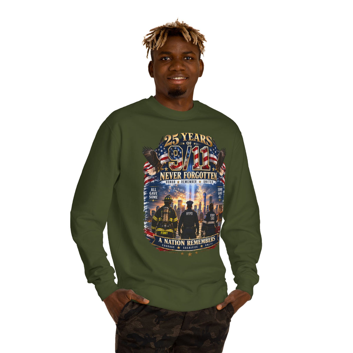 9/11 Never Forgotten Crewneck Sweatshirt — 25 Years Memorial Tribute
