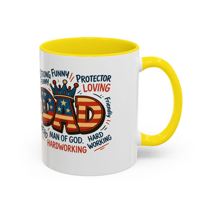 Dad Coffee Mug — Patriotic "DAD" Design with Loving, Hardworking, Protector Keywords (11/15oz Accent Mug)