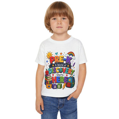 Toddler T‑Shirt — "Pre-K: A World of Discovery Starts Here" Colorful Back-to-School Tee