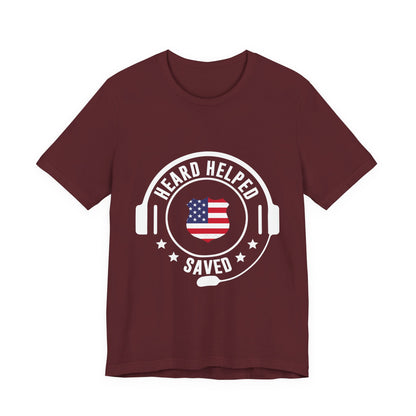 Headset Logo T-Shirt — "Heard Helped Saved" American Flag Design