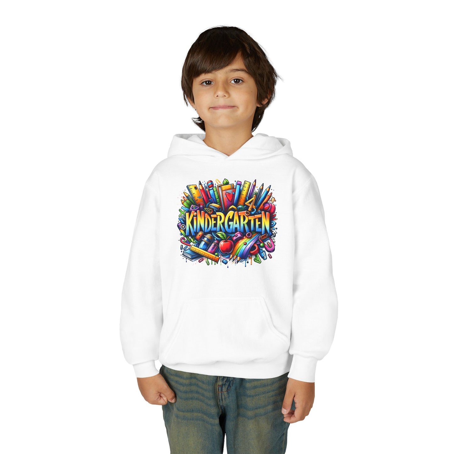 Kindergarten Kids Hoodie — Colorful School Supplies Back-to-School Sweatshirt