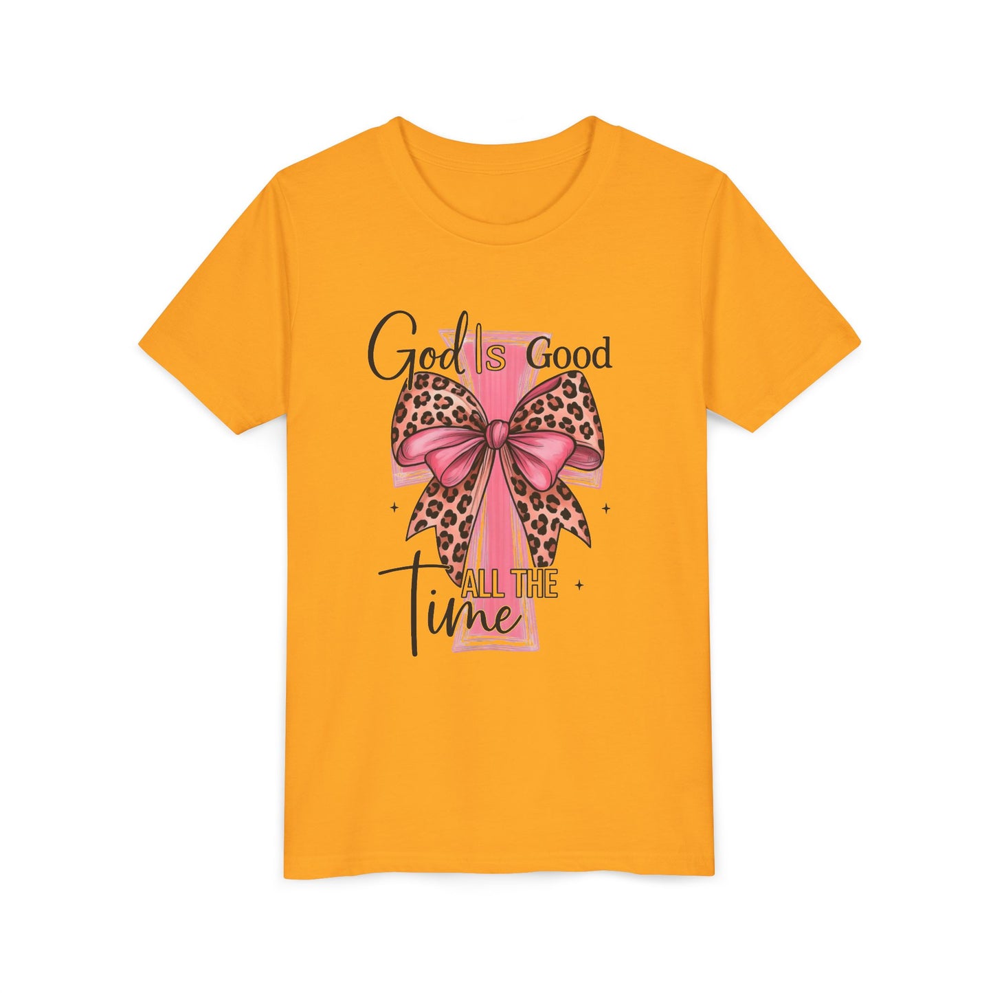 Youth Tee — "God is Good All the Time" Pink Cross with Leopard Bow