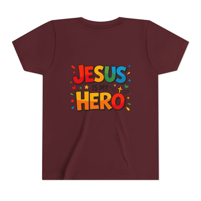 Youth Tee — "Jesus Is My Hero" Colorful Kids Christian T-Shirt