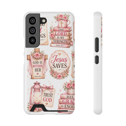 Christian Floral Phone Case with Card Holder — 'Jesus Saves' Inspirational Design
