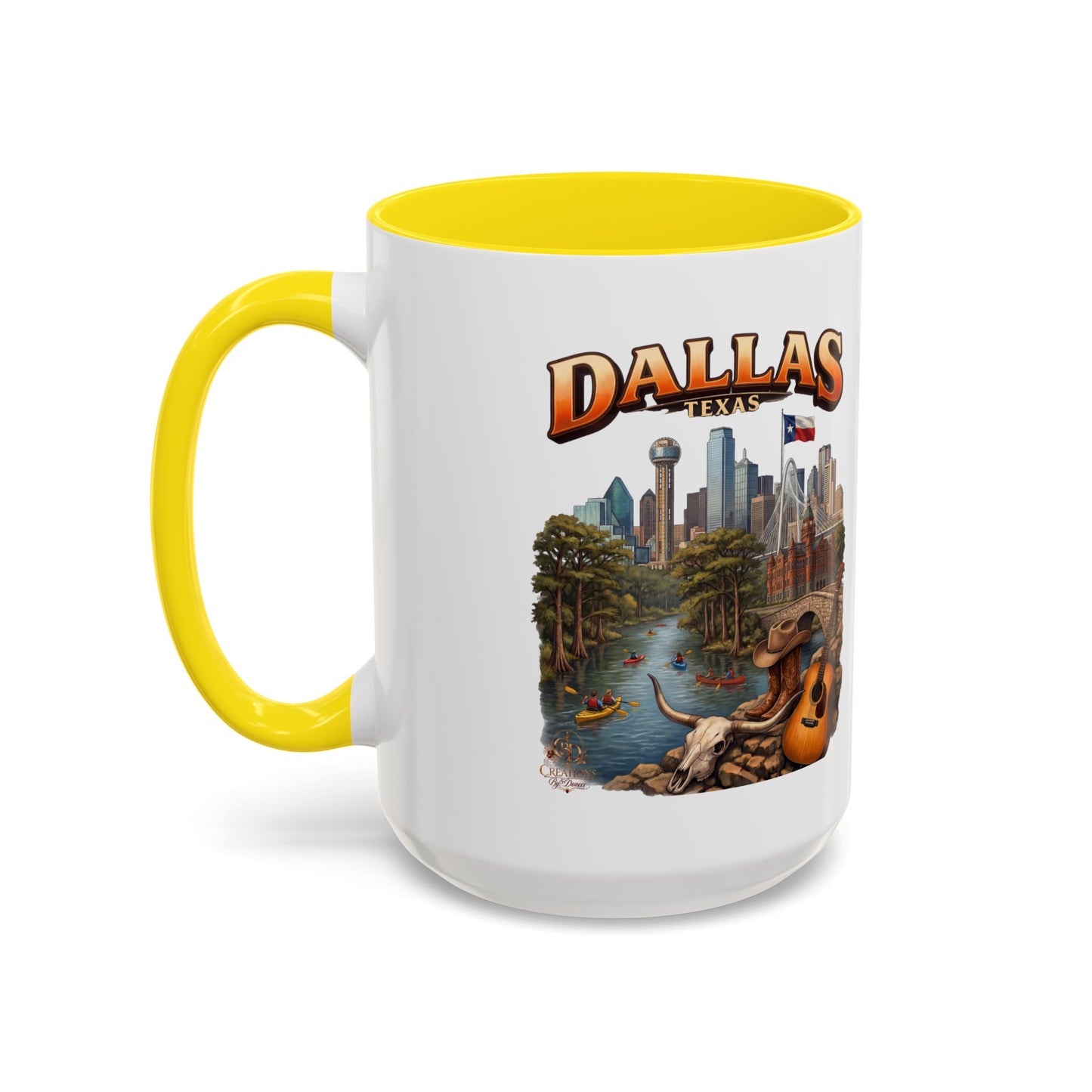 Dallas Skyline Accent Coffee Mug — Texas Souvenir Mug with Guitar & Cityscape