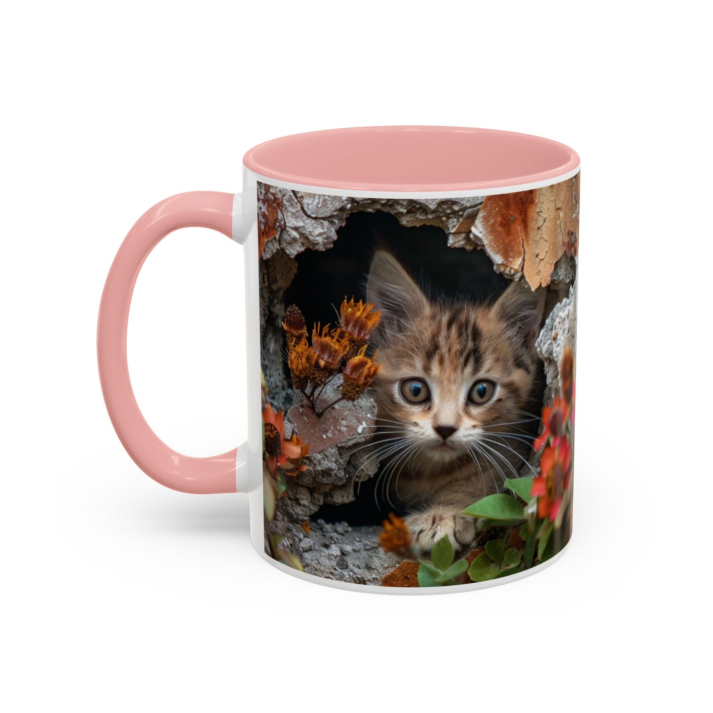 Cute Kitten Peek Accent Coffee Mug — Tabby Cat Floral 11/15oz