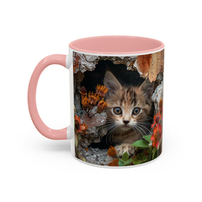 Cute Kitten Peek Accent Coffee Mug — Tabby Cat Floral 11/15oz