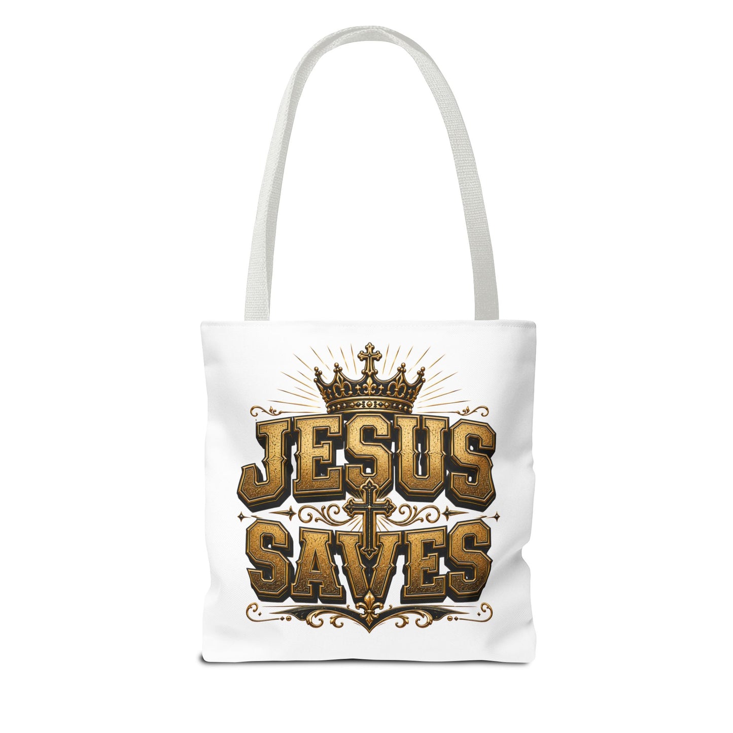 Jesus Saves Tote Bag — Christian Gospel Canvas Carryall with Crown & Cross Design