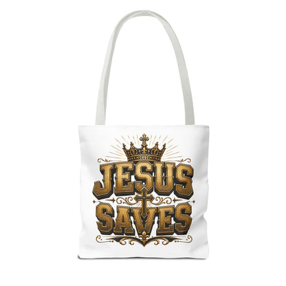 Jesus Saves Tote Bag — Christian Gospel Canvas Carryall with Crown & Cross Design