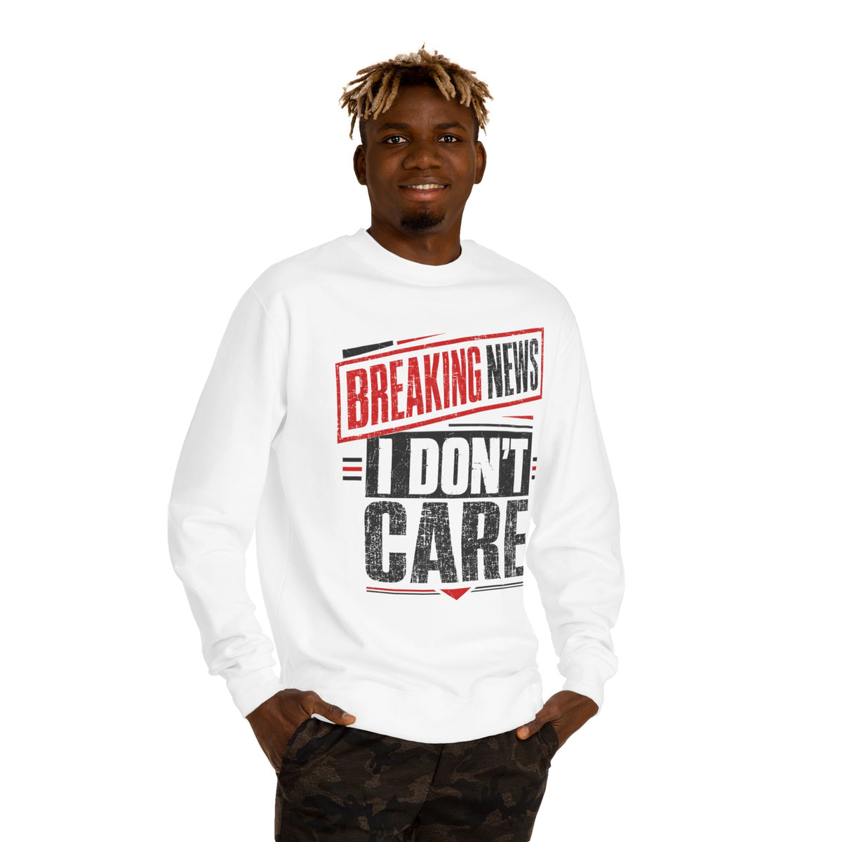 Crewneck Sweatshirt — "Breaking News: I Don't Care" Graphic