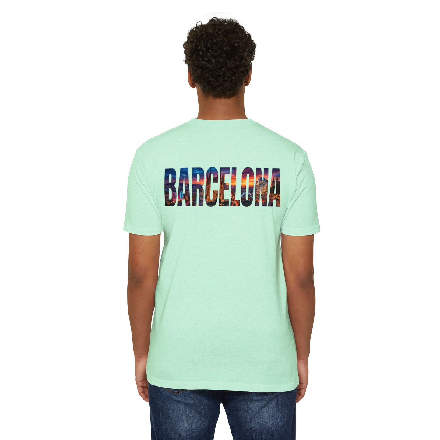 Barcelona Cityscape T‑Shirt — Scenic Sunset Lettering Travel Tee