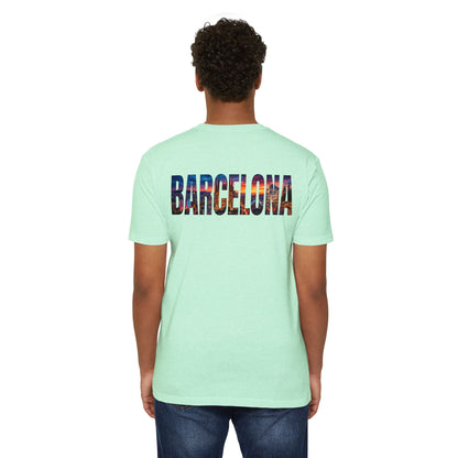 Barcelona Cityscape T‑Shirt — Scenic Sunset Lettering Travel Tee