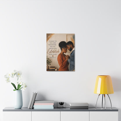 Proverbs 16:3 Faithful Couple Stretched Canvas – "Commit to the Lord...He Will Establish Your Plans" Wall Art