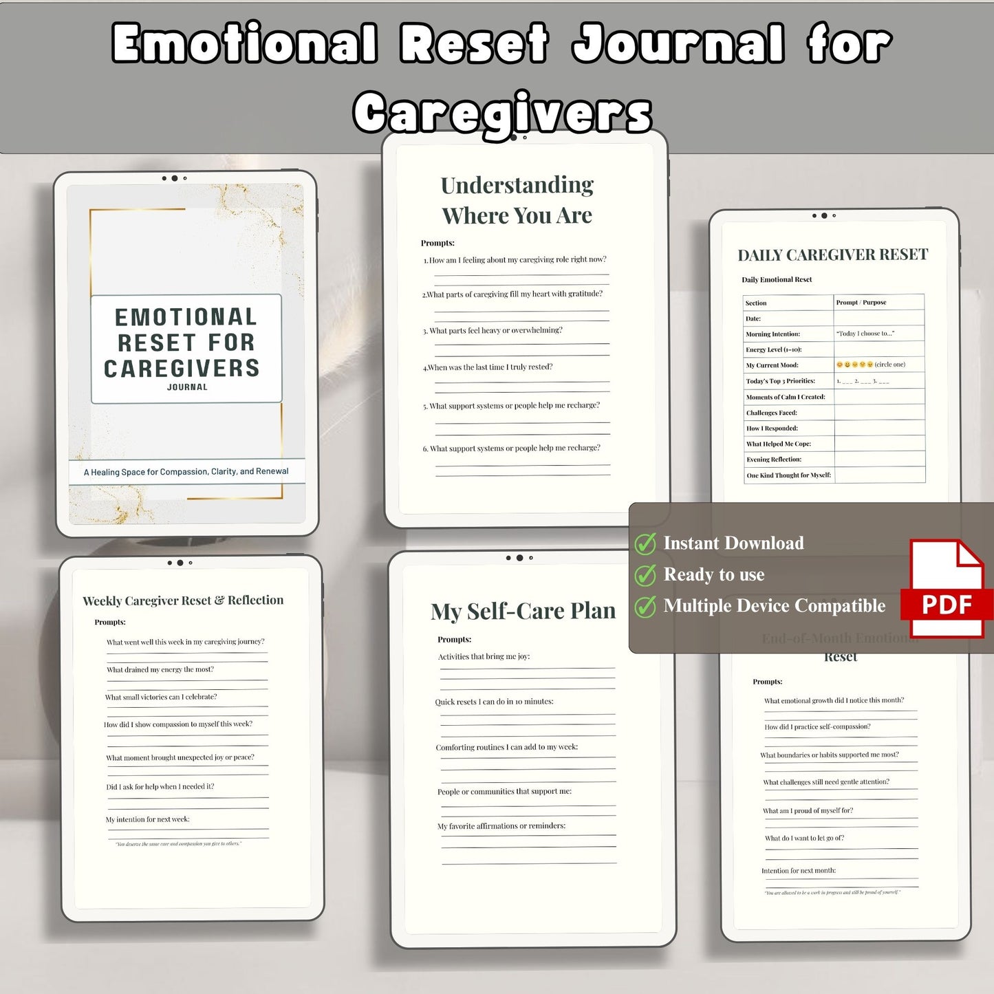 caregiver journal, self care, mental health, stress relief, burnout help, wellness journal, emotional reset, therapy journal, reflection, daily journal, journal pdf, self care planner, mindfulness, support journal, health journal