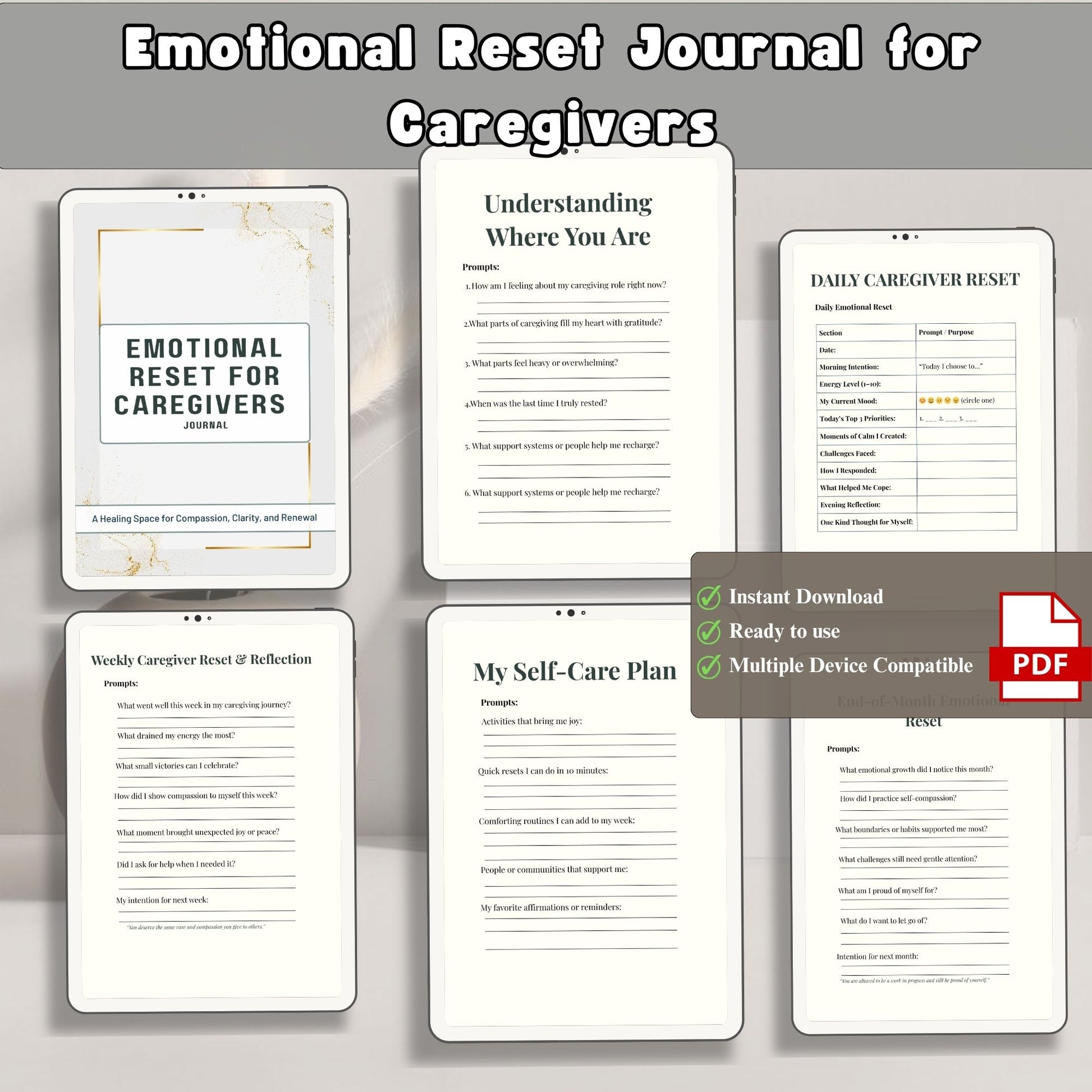 caregiver journal, self care, mental health, stress relief, burnout help, wellness journal, emotional reset, therapy journal, reflection, daily journal, journal pdf, self care planner, mindfulness, support journal, health journal