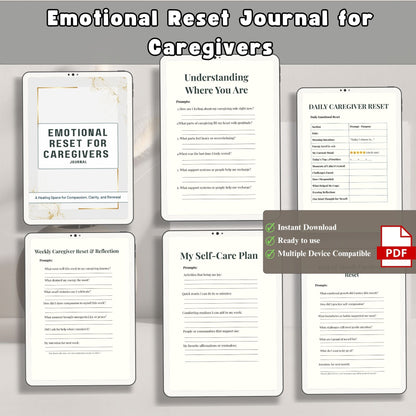 caregiver journal, self care, mental health, stress relief, burnout help, wellness journal, emotional reset, therapy journal, reflection, daily journal, journal pdf, self care planner, mindfulness, support journal, health journal