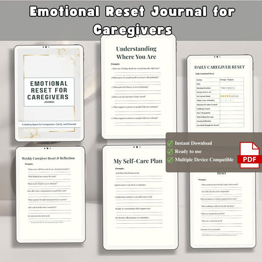 caregiver journal, self care, mental health, stress relief, burnout help, wellness journal, emotional reset, therapy journal, reflection, daily journal, journal pdf, self care planner, mindfulness, support journal, health journal