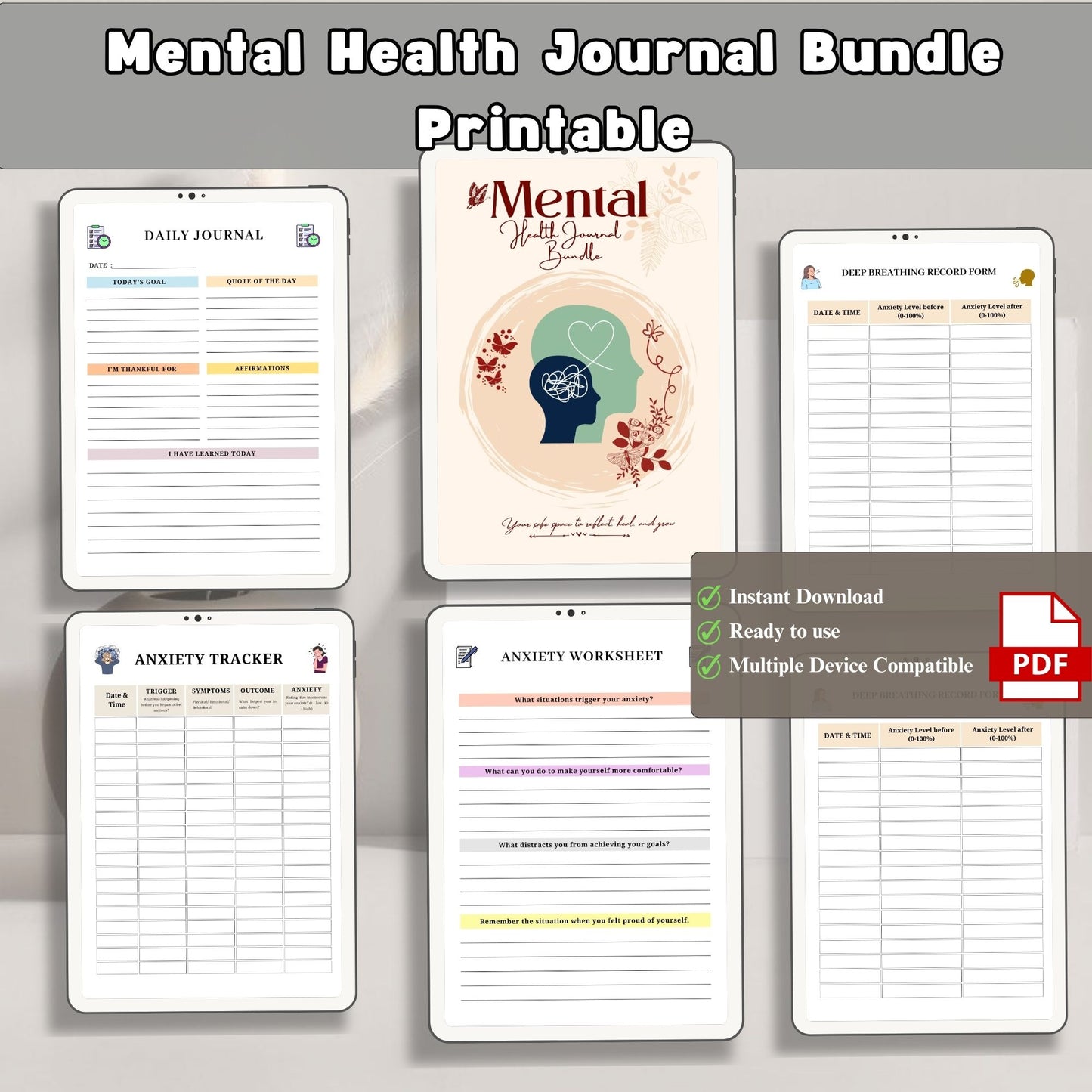 Mental Health Journal Bundle Printable | Self Care & Wellness Planner | Therapy Journal | Mindfulness & Mood Tracker