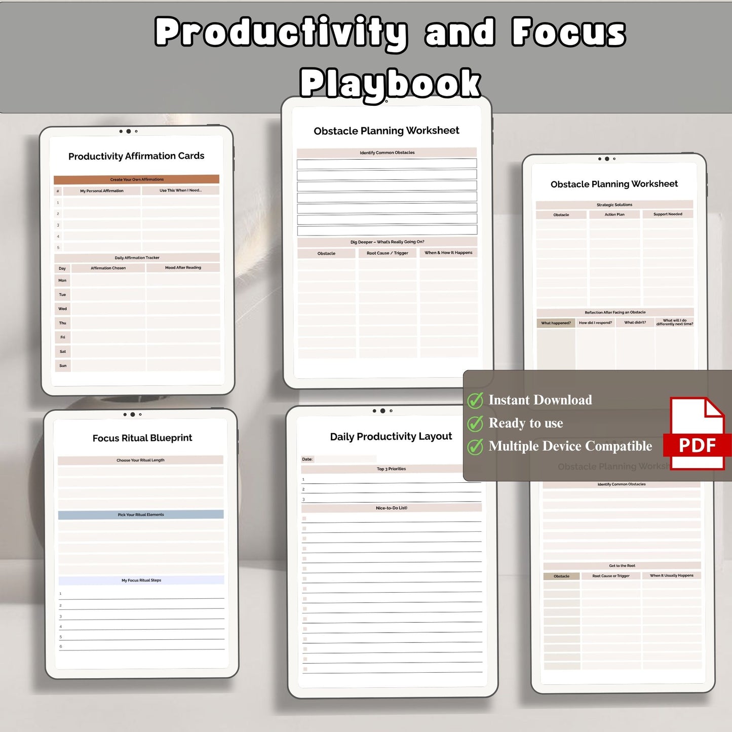 Productivity & Focus Playbook Printable | Time Management & Deep Work Planner