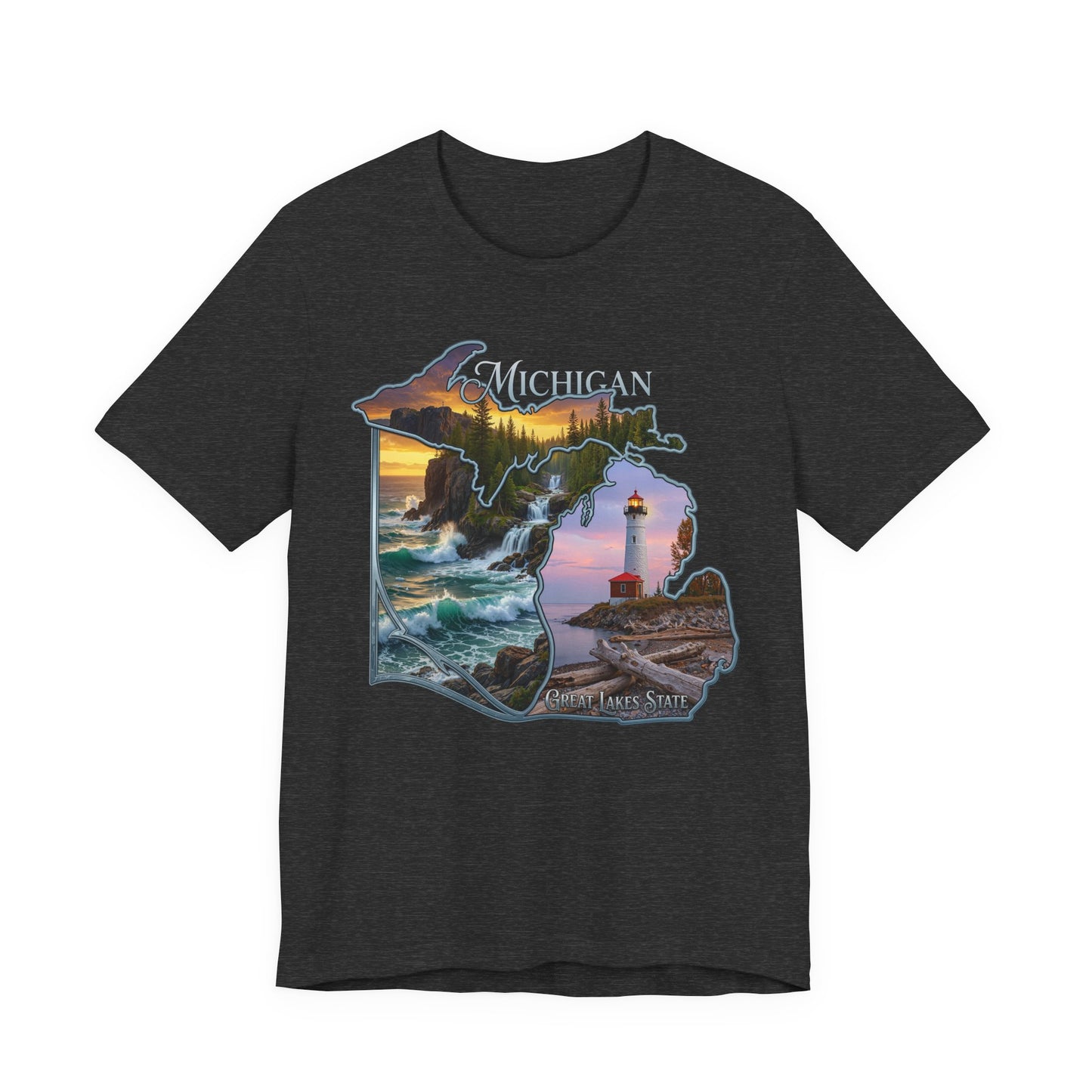 Michigan Scenic Map T-Shirt — Great Lakes Lighthouse Sunset Tee