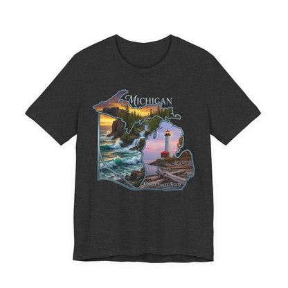 Michigan Scenic Map T-Shirt — Great Lakes Lighthouse Sunset Tee