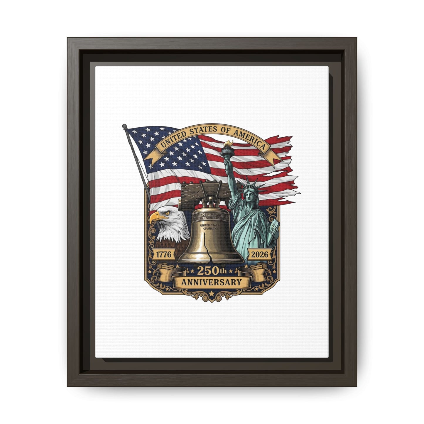 Liberty 250th Anniversary Framed Canvas Print — American Flag, Statue of Liberty & Liberty Bell Art