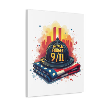 Never Forget 9/11 Stretched Canvas – Memorial Firefighter Helmet & American Flag Wall Art