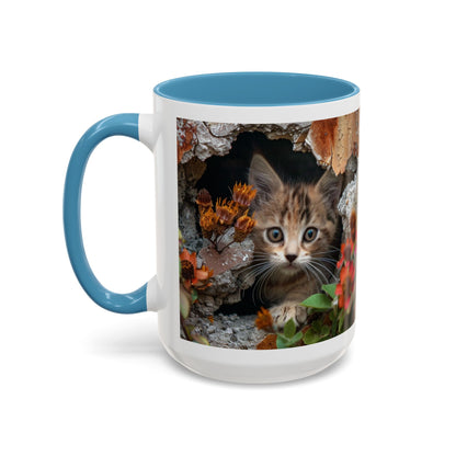 Cute Kitten Peek Accent Coffee Mug — Tabby Cat Floral 11/15oz