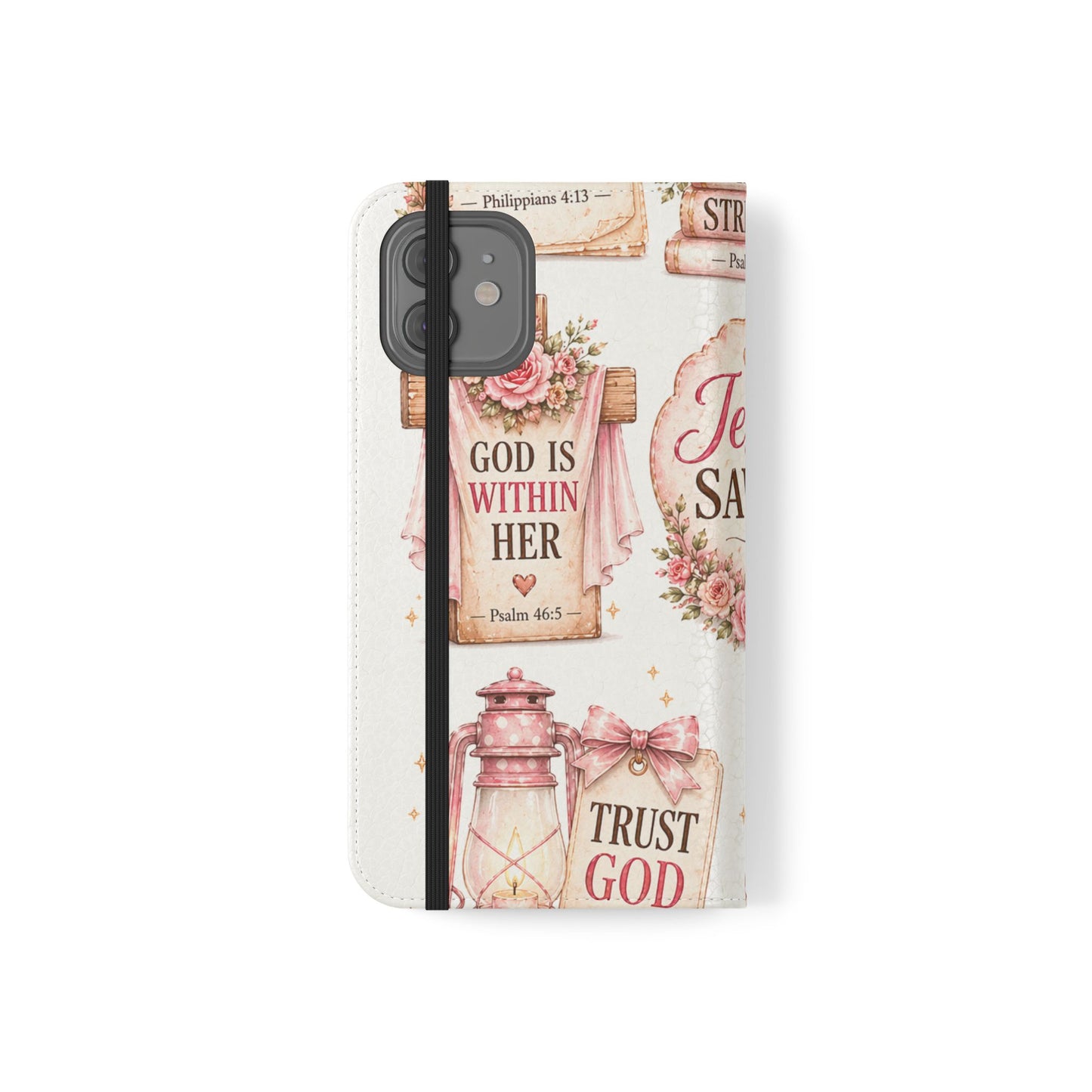 Christian Floral Phone Flip Case — "Jesus Saves" & Inspirational Scripture Wallet Cover