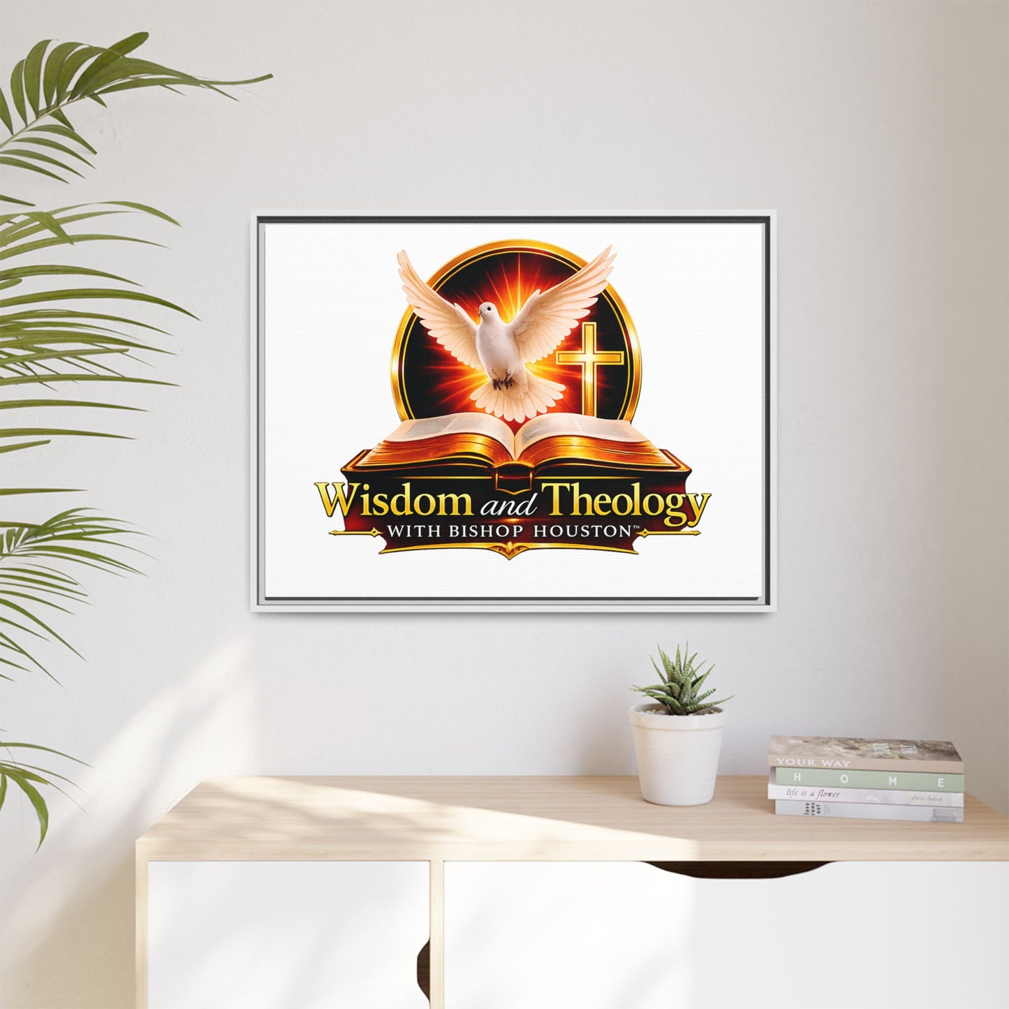 Framed Canvas Print — "Wisdom and Theology" Dove & Bible Wall Art