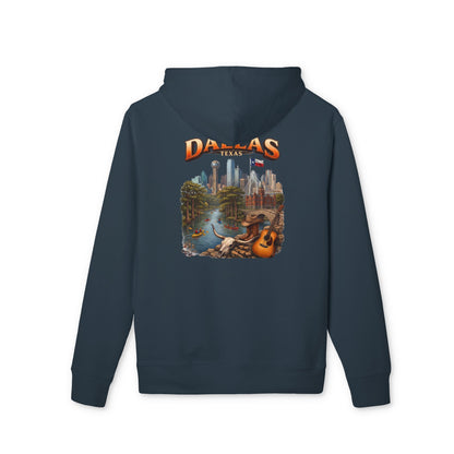 Dallas Cityscape Hoodie — Retro Skyline, River & Guitar Graphic