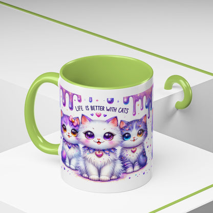 Cute Purple Kawaii Cats Accent Coffee Mug – "Life Is Better With Cats" (11/15 oz)