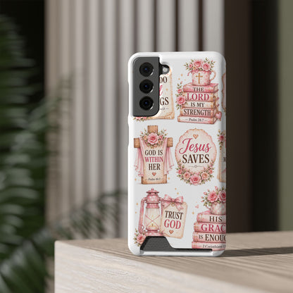 Christian Floral Phone Case with Card Holder — 'Jesus Saves' Inspirational Design
