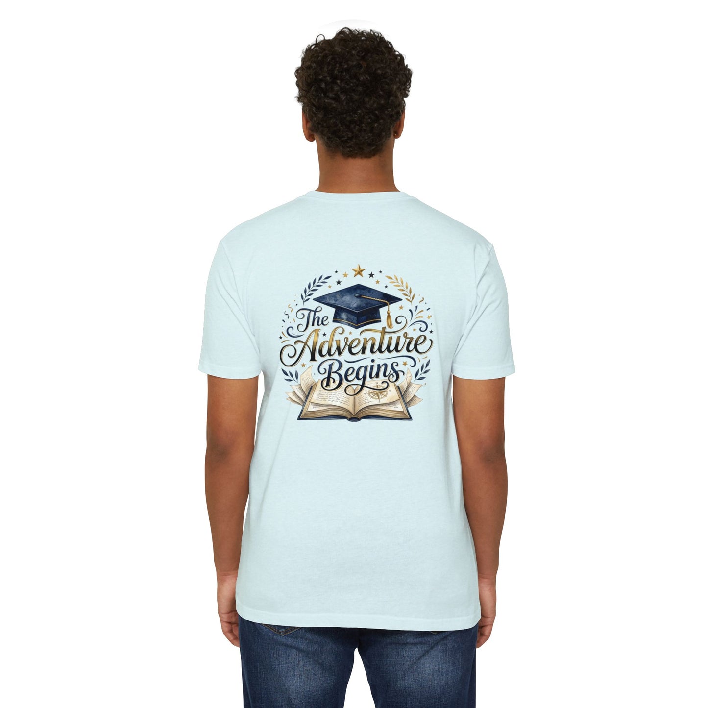 Graduation T-Shirt — "The Adventure Begins" Cap & Book Design