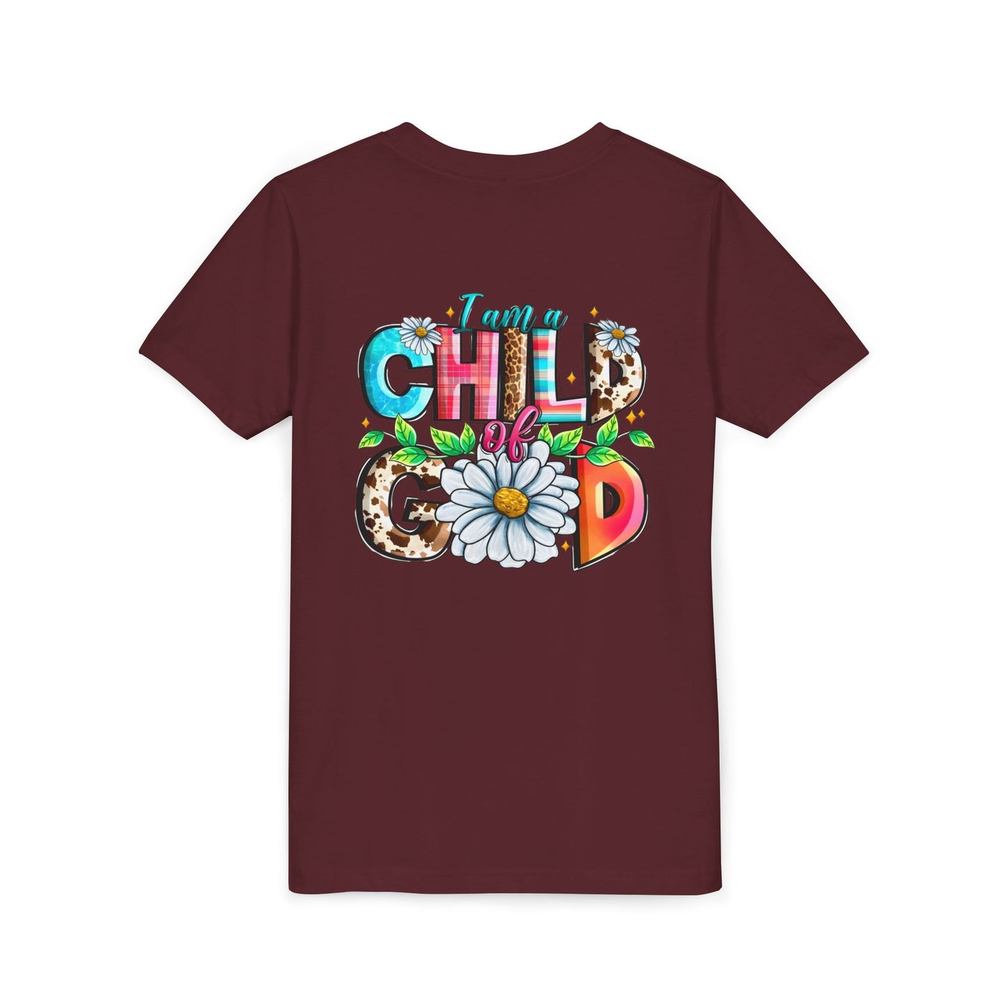 Youth Tee — "I Am a Child of God" Floral Christian Graphic