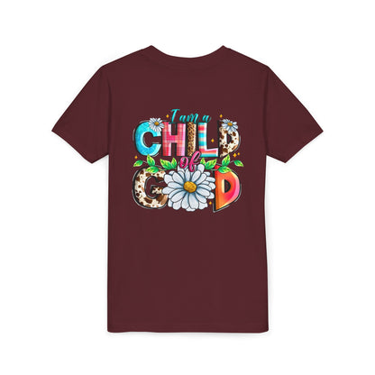Youth Tee — "I Am a Child of God" Floral Christian Graphic