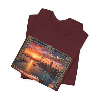 New York Sunset Skyline Tee — Statue of Liberty Vintage Travel T‑Shirt
