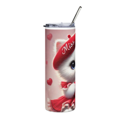20oz Stainless Tumbler — Cute Kitty with Heart, 'Miss' Red Beret Valentine Travel Mug