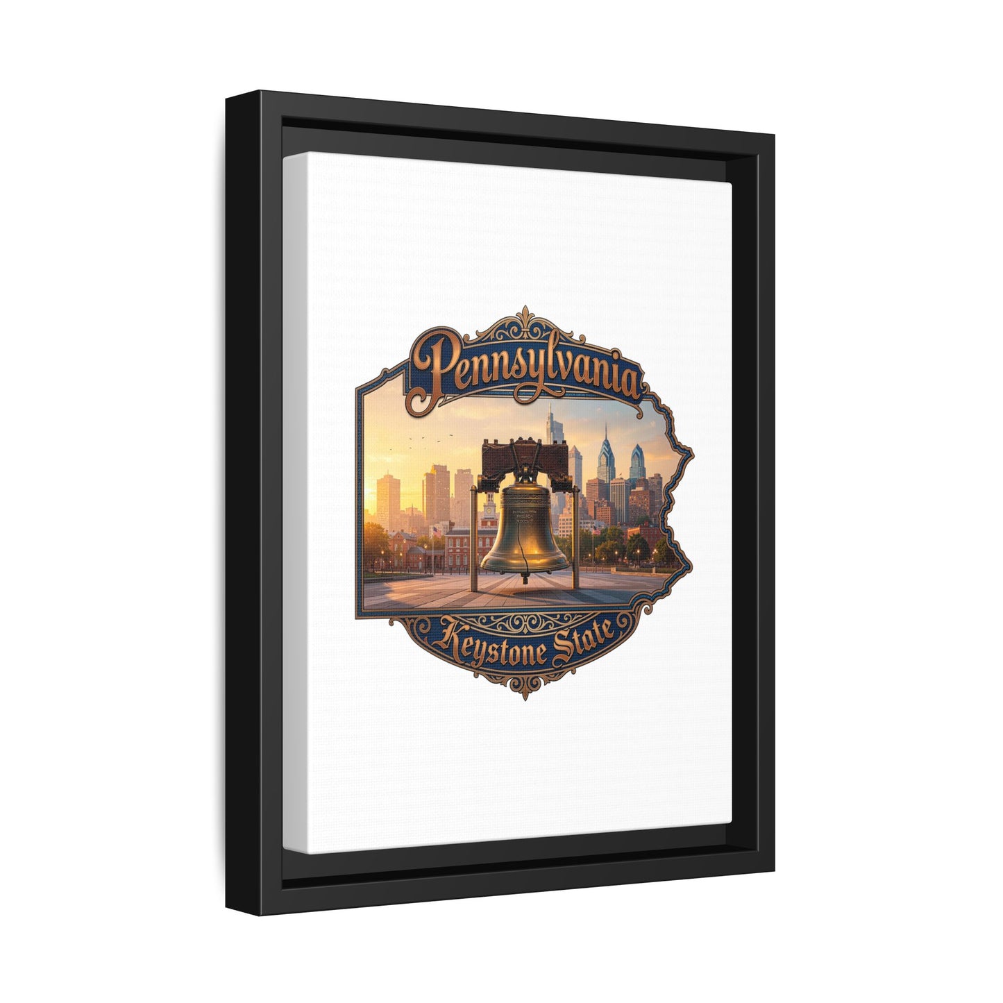 Pennsylvania Keystone State Framed Canvas Wall Art — Liberty Bell & Philadelphia Skyline